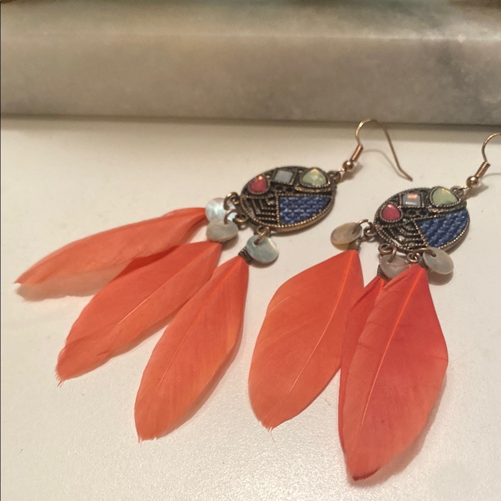 Bohemian Orange and Blue Feather Earrings
